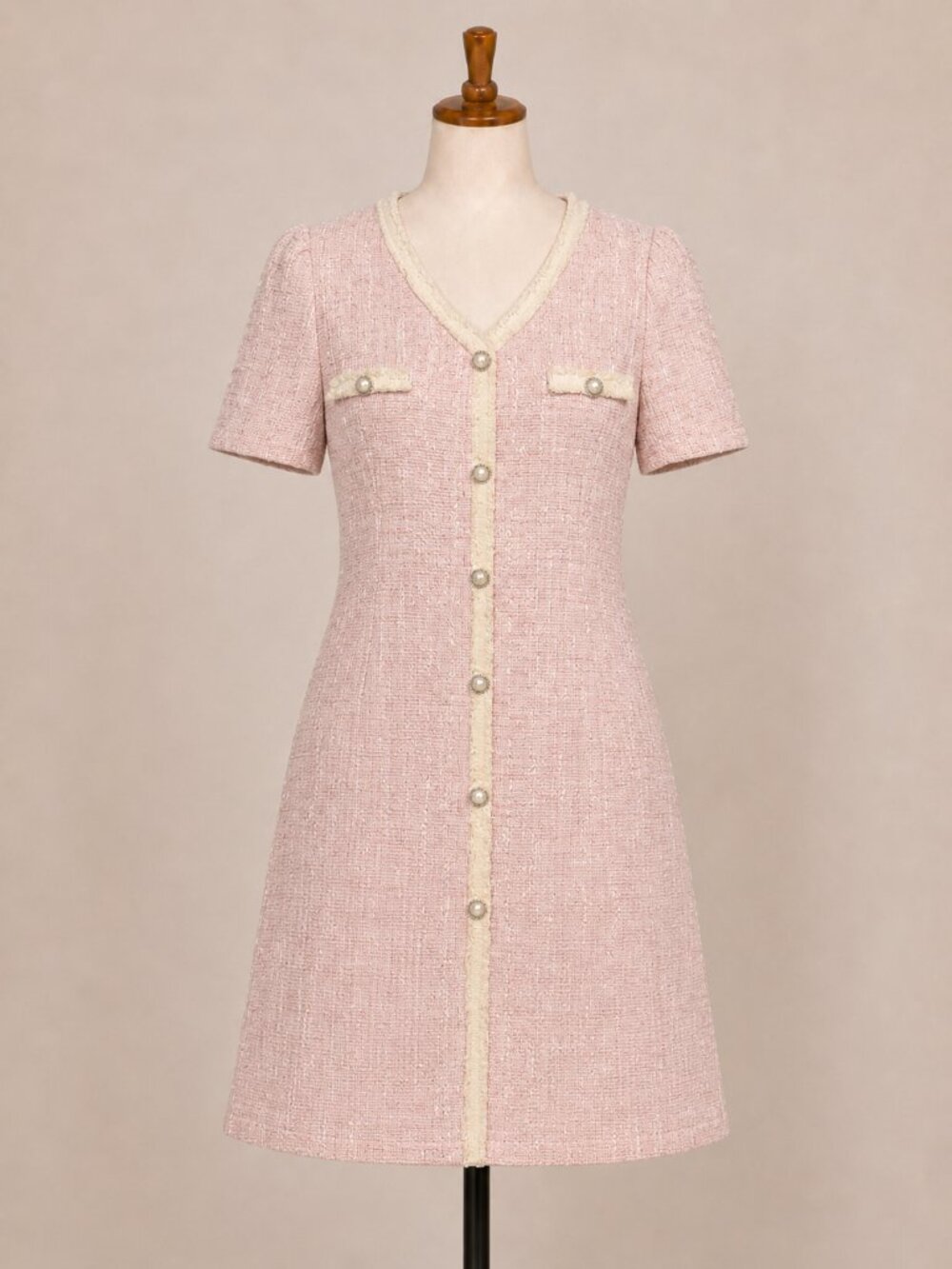 J.ING Pink Faux Pearl Button Mini Dress Tweed Fringe Size S/M No Stretch
